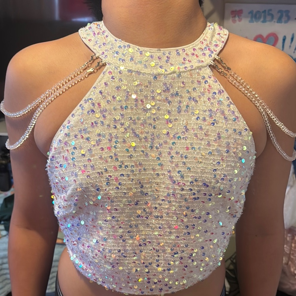Sequin Halter Top with Chain Straps